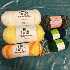 Juicy Couture and Big Twist Luxe Velour Yarn in Olive white yellow and Navy